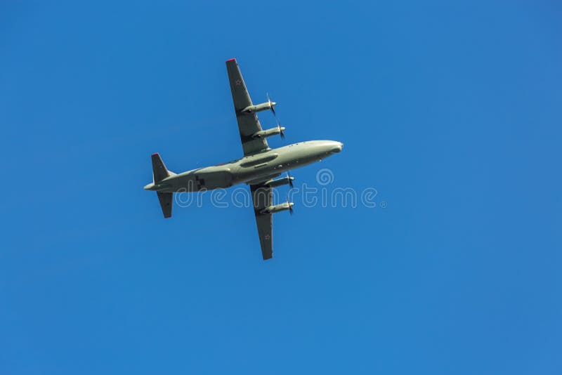 ST. PETERSBURG, RUSSIA - MAY 05, 2017: Russia air force freighter plane Antonov An-12 in flight.