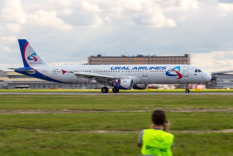 Short- to medium-range, narrow-body, commercial passenger twin-engine jet airliner Airbus A321 `Ural Airlines` VP-BVP in Pulkovo Airport. Official summer spotting. Short- to medium-range, narrow-body, commercial passenger twin-engine jet airliner Airbus A321 `Ural Airlines` VP-BVP in Pulkovo Airport. Official summer spotting