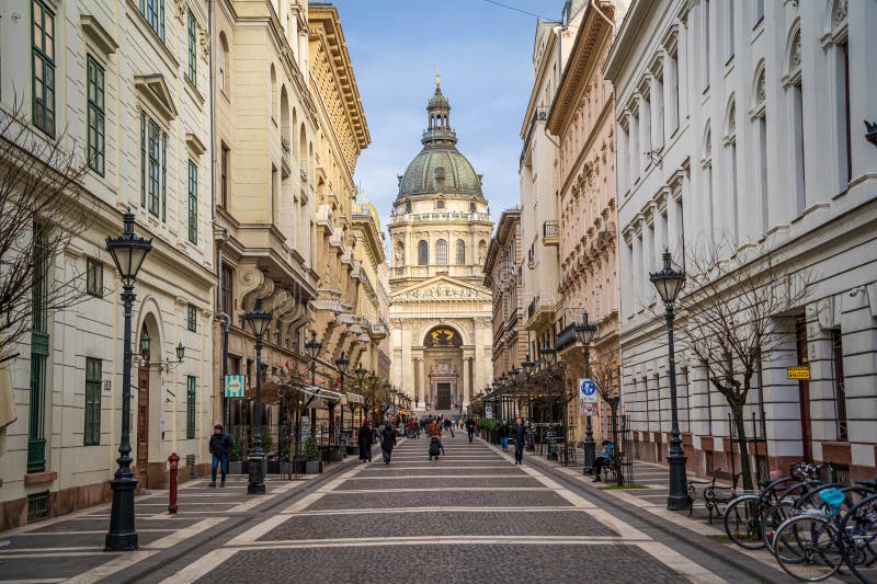 Budapest street and St. Stephen&x27;s Basilica