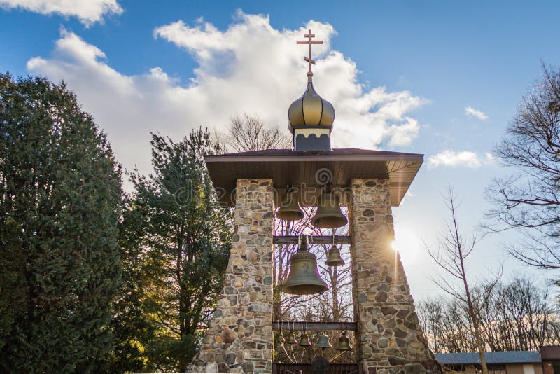 Waymart, PA, USA - February 9, 2019: St. Tikhon`s Orthodox Monastery bell tower