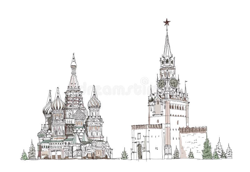 St Vasil kathedraal en Spasskaya-toren op het Rode Vierkant stock illustratie St Vasil kathedraal en Spasskaya-toren op het Rode Vierkant stock illustratie