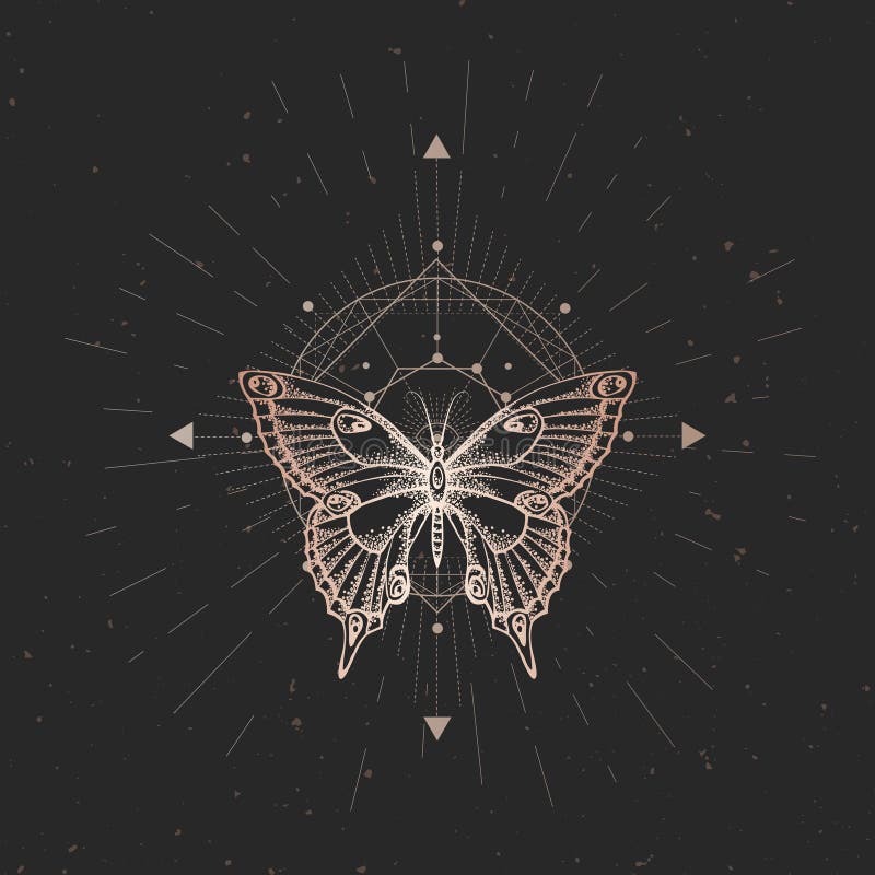 Vector illustration with hand drawn butterfly and Sacred geometric symbol on black vintage background. Abstract mystic sign. royalty free illustration Vector illustration with hand drawn butterfly and Sacred geometric symbol on black vintage background. Abstract mystic sign. royalty free illustration