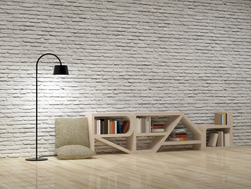 Staande Lamp Met Boekenkast Op Houten Vloerbakstenen Muur Stock ... Staande Lamp Met Boekenkast Op Houten Vloerbakstenen Muur Stock ...