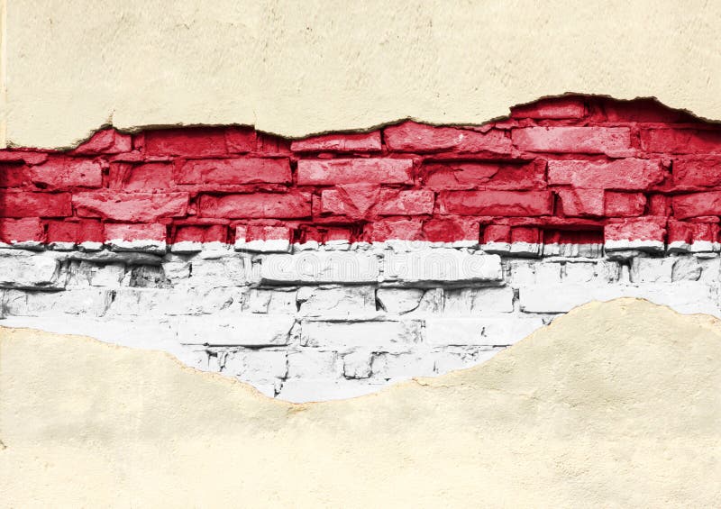 Staatsflagge von Indonesien auf einem Ziegelsteinhintergrund Backsteinmauer mit teilweise zerstörtem Gips, Hintergrund oder Besch lizenzfreie abbildung Staatsflagge von Indonesien auf einem Ziegelsteinhintergrund Backsteinmauer mit teilweise zerstörtem Gips, Hintergrund oder Besch lizenzfreie abbildung