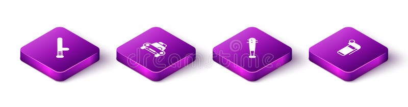 Stabilește buncărul de cauciuc izometric al poliției și basculul cu cuie și pictograma grenadei de mână. vector vector illustration
