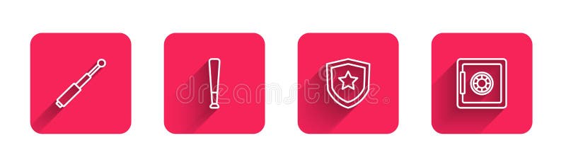Stabilește o legitimație telescopică de polițist de baseball și în siguranță cu umbră lungă. buton pătrat roșu. vector royalty free illustration