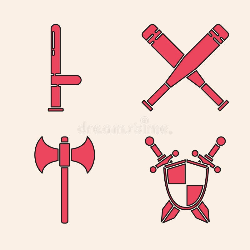 Stabilește scutul medieval cu săbii încrucișate, bastonul de cauciuc al poliției, bâtă de baseball încrucișată și pictograma topor royalty free illustration