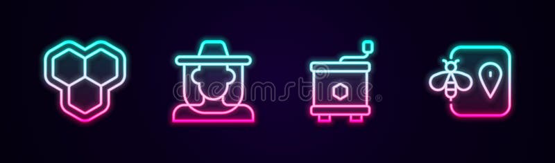 Stabilește un apicultor cu fagure de linie cu protecție pentru extractor și locație. pictogramă neon strălucitor. vector royalty free illustration