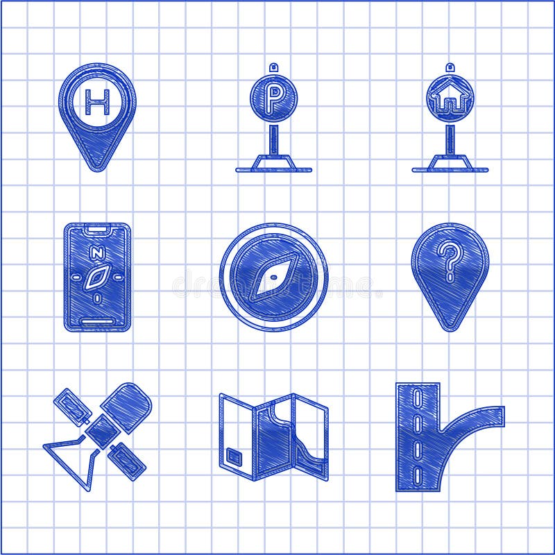 Stabilește un indicator al traficului rutier cu hartă pliată compas și un indicator necunoscut al rutei prin satelit pe un hotel m royalty free illustration