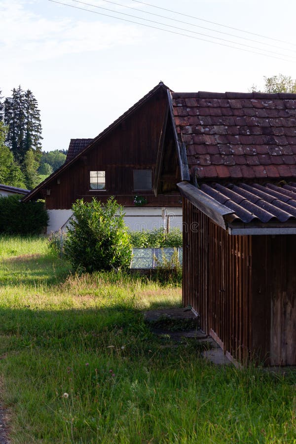 Stable buildings bavaria style at south germany city wangen at summer evening sunhine. Stable rustic style stock images, royalty-free photos and pictures