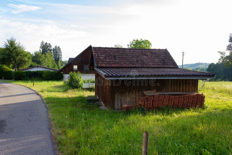 Stable buildings bavaria style at south germany city wangen at summer evening sunhine. Stable rustic style stock images, royalty-free photos and pictures