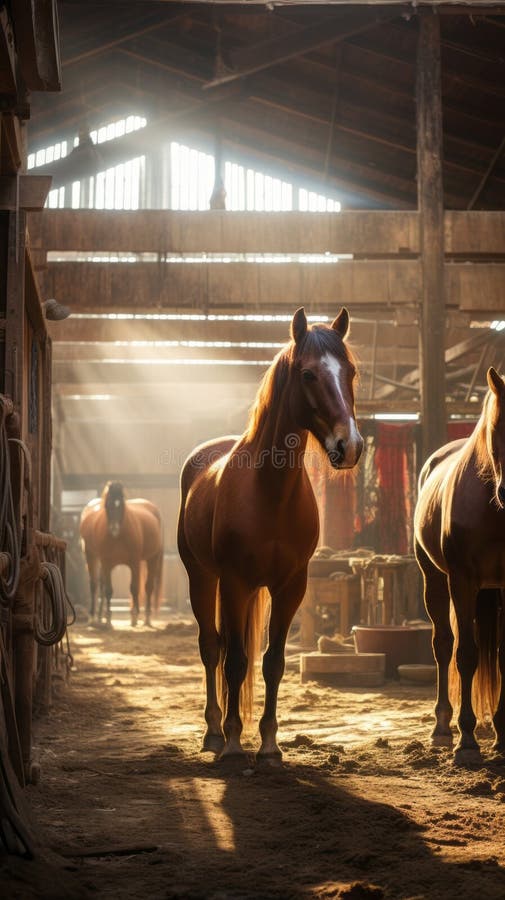 Stable with Horses in the Backyard of a Country House Stock Photo