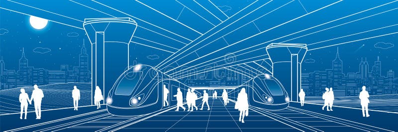 Stacja kolejowa pod wiaduktem Pasażery wsiadają pociąg Miastowego życia scena Miasto przewieziona infrastruktura Wektorowy projek ilustracji Stacja kolejowa pod wiaduktem Pasażery wsiadają pociąg Miastowego życia scena Miasto przewieziona infrastruktura Wektorowy projek ilustracji