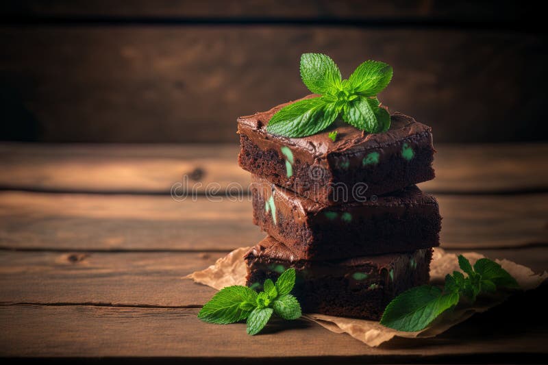 Stack of Baked Brownies with a Mint Leaf on Top, Shown Against a Wooden Background Stock