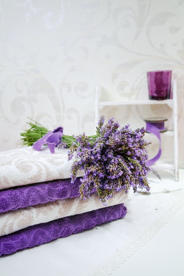 Stack of Bath Towels with Fresh Lavender Flowers Stock Photo Image of