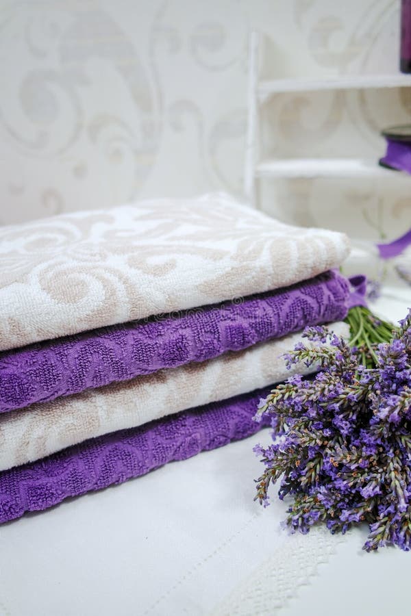 Stack of Bath Towels with Fresh Lavender Flowers Stock Image Image of aroma, white 74483823