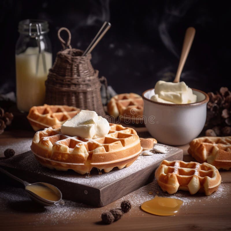Stack of Belgian Waffles with Syrup, for Breakfast Stock Illustration