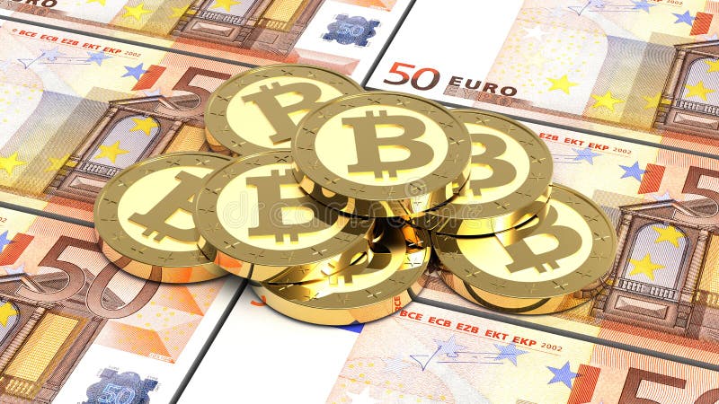 Stack of bitcoins with euro bills.