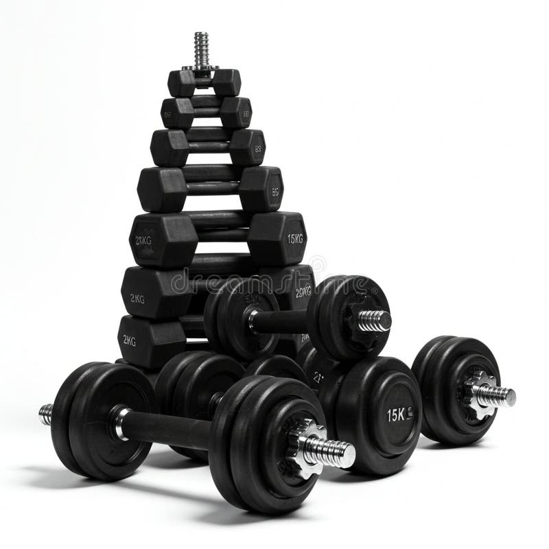 A stack of black hexagonal dumbbells arranged in a pyramid, with visible weight labels stock illustration