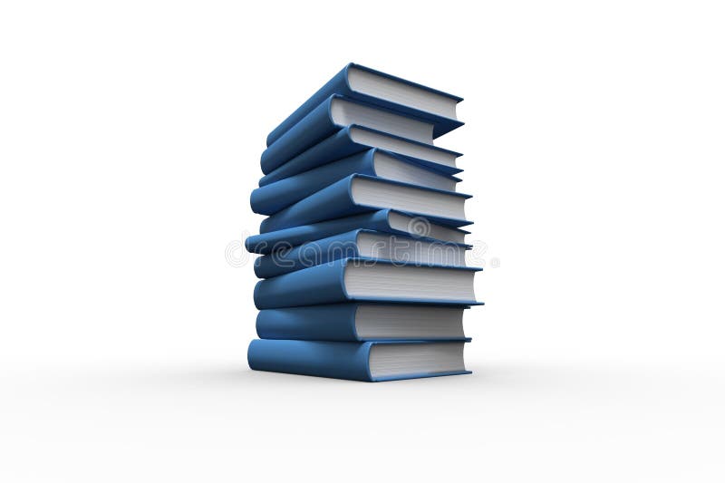 Stack of blue hardcover books is standing on white studio surface and backdrop, flat design royalty free stock images