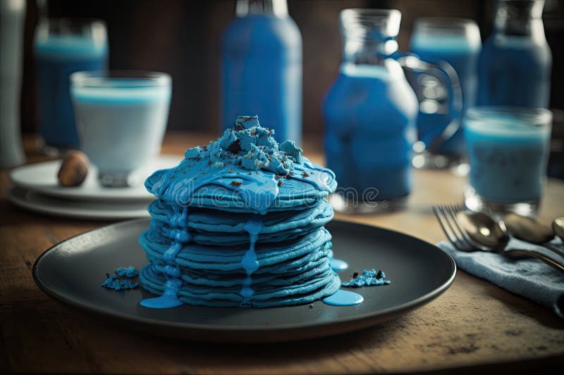 Stack of Blue Pancakes for Breakfast on Table in Restaurant Stock Image