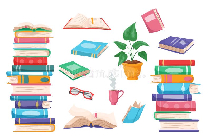 Stack of books. Cartoon pile of open and closed books, school education and home library concept. Vector isolated set