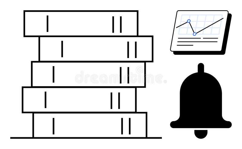 Stack of Books, Financial Chart, and Notification Bell Representing Knowledge, Alerts, and Analytics vector illustration