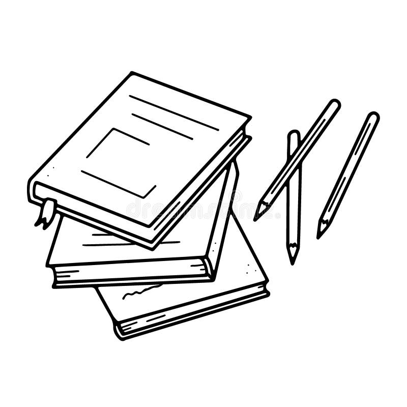 A Stack of Books and Pencils. Drawing Stationery on the Table in Doodle