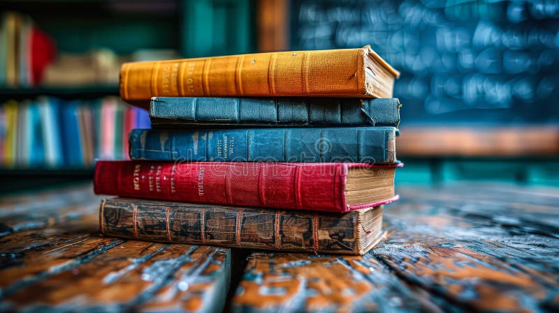 A stack of books on a table with a chalkboard behind them royalty free stock images