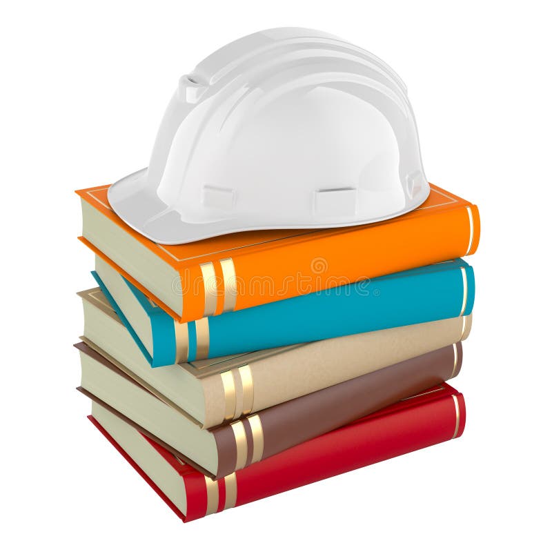 Stack of books with white hard hat, 3D rendering royalty free illustration