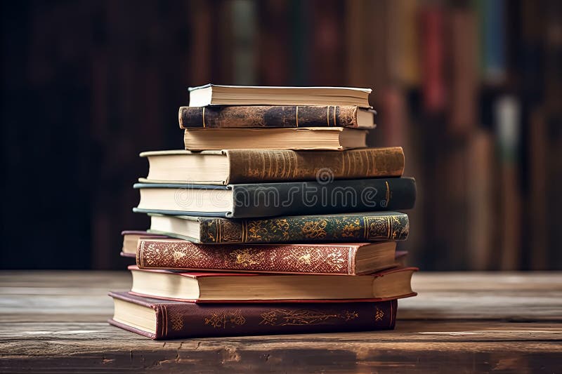 A stack of books on a wooden table. stock photo