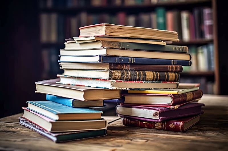 A stack of books on a wooden table. royalty free stock image