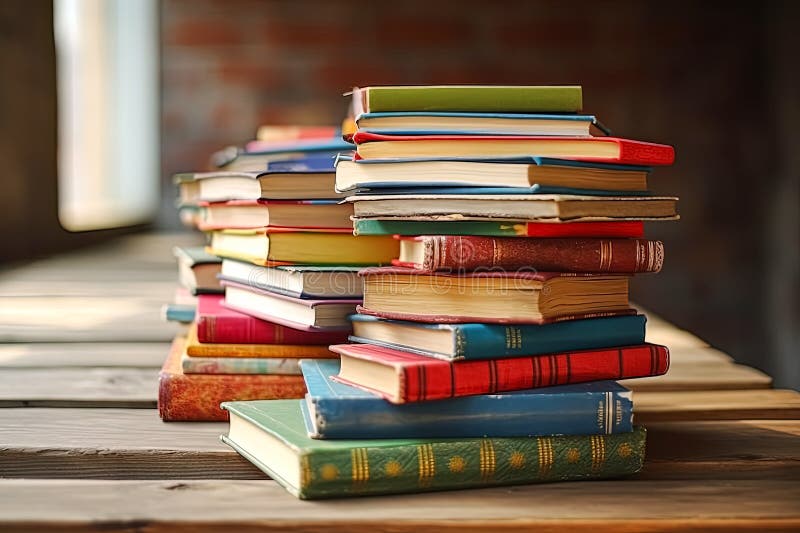 A stack of books on a wooden table. stock image
