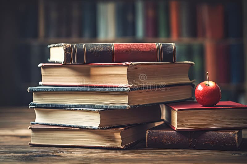 A stack of books on a wooden table. royalty free stock images