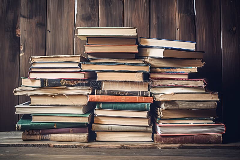 A stack of books on a wooden table. royalty free stock images