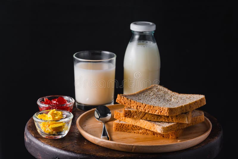 Bread with Strawberry Jam, Butter and Milk Stock Image Image of