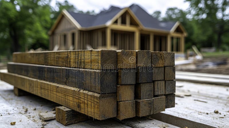 Stack of brown lumber at a residential construction site with house frame vector illustration