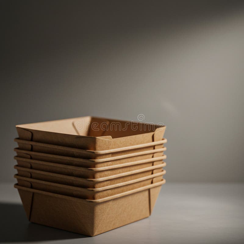 Stack of brown, square cardboard containers on a smooth, gray surface. The royalty free illustration