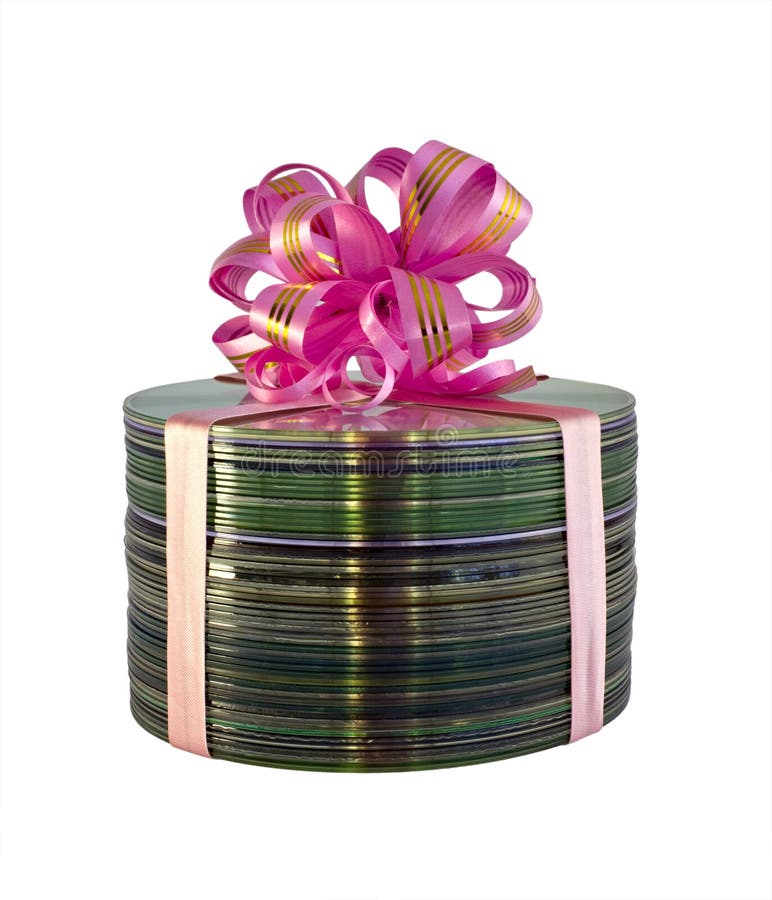 Stack of CD disks with pink gift lace over white