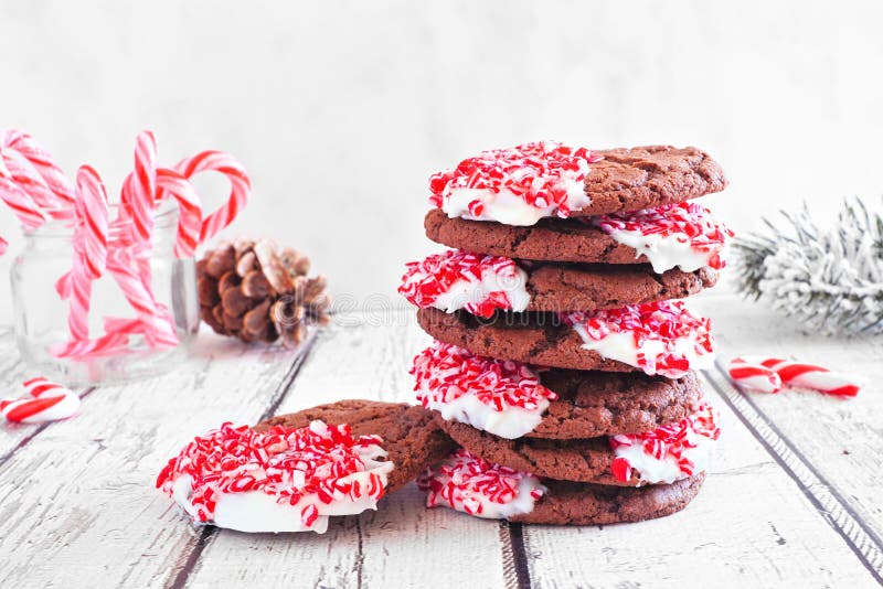 Stack of Christmas Chocolate Candy Cane Cookies. Table Scene with a