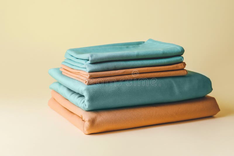Stack of Clean Bed Sheets on Color Background Stock Image Image of