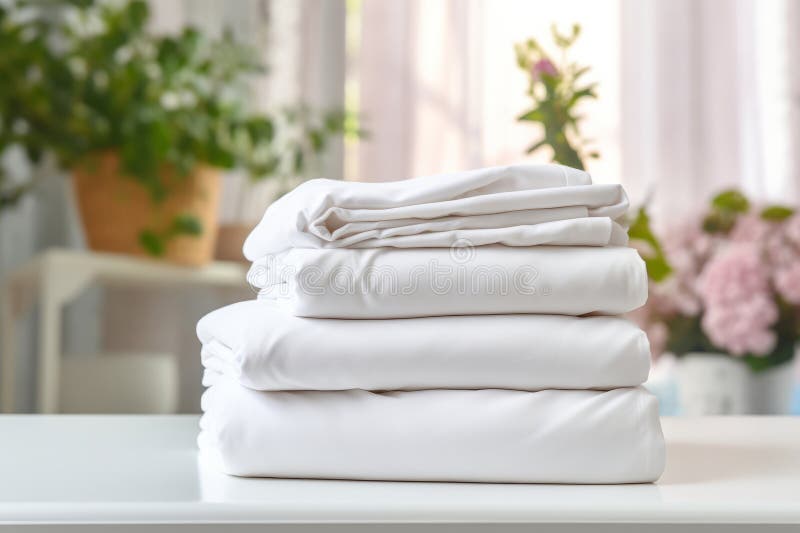 Stack of Clean Bedding Sheets on Blurred Laundry Room Background