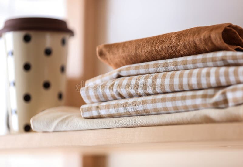 Stack of Clean Kitchen Towels on Wooden Shelf Stock Photo Image of