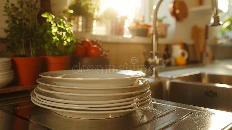 A stack of clean plates by the sink. royalty free stock photo