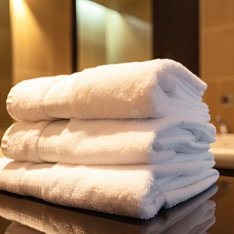 Stack of Clean Soft White Bath Towels in Bathroom. Luxury Hotel, Spa Accessories Stock Image ...