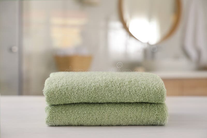 Stack of Clean Towels on Wooden Table in Bathroom Stock Image Image