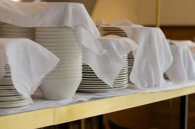 Stack of Cleaned Dishes in a Restaurant Room Stock Photo Image of close, round 118184152