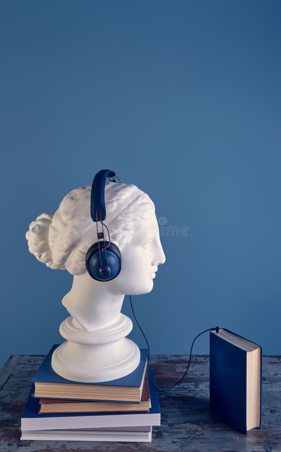 Plaster Bust of a Graceful Aphrodite with Huge Blue Audio Wireless  Headphones Looking at a Black Vinyl Record. Stock Image - Image of bust,  collection: 278539763