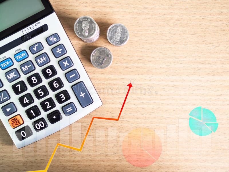 Stack Coin Money Pile Cash Calculator with graph Business Stock Market Finance Investment Bank Invest Inflation Fund Economy stock images