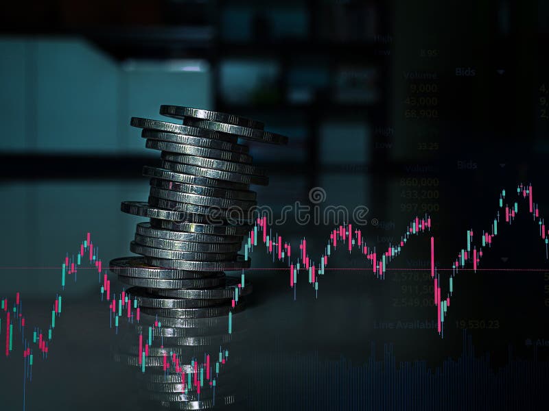 Stack Coin Money Pile Cash with graph Business Stock Market Finance Investment Bank Invest Inflation Fund Economy Marketing stock photo